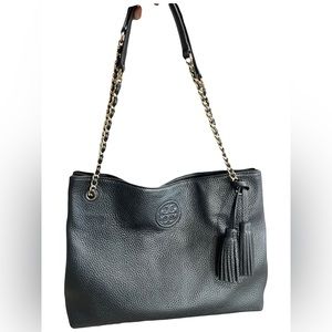 Tory Burch Sliding Chain Link Black Leather Tote